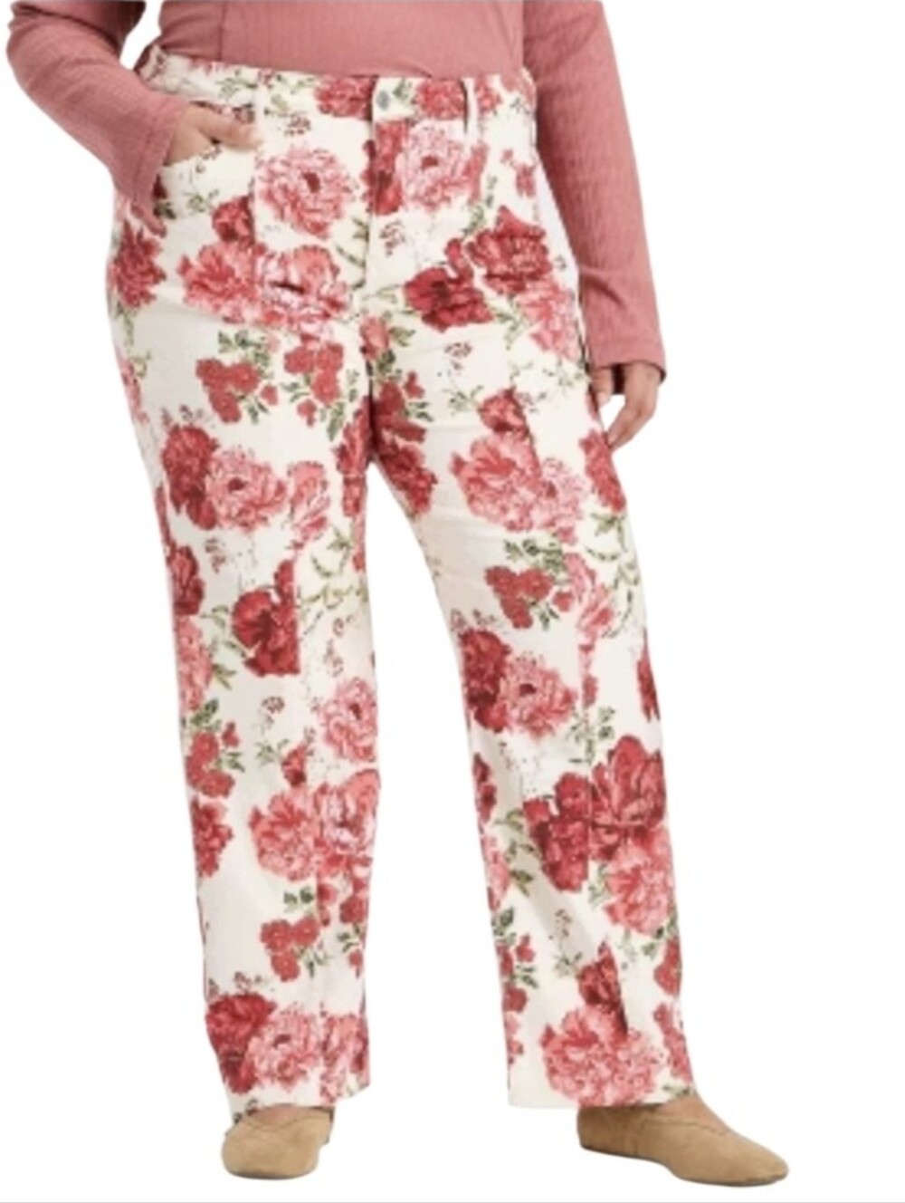 #K33 Ava & Viv High-Rise Straight Leg Jeans in Cream with Pink & Red Roses